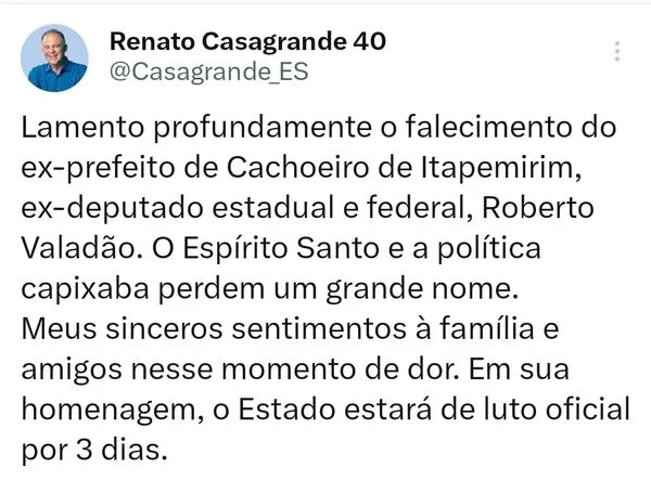 11 - Morre Roberto Valadão, ex-prefeito de Cachoeiro de Itapemirim, Deputado Estadual e Deputado Federal  aos 85 anos
